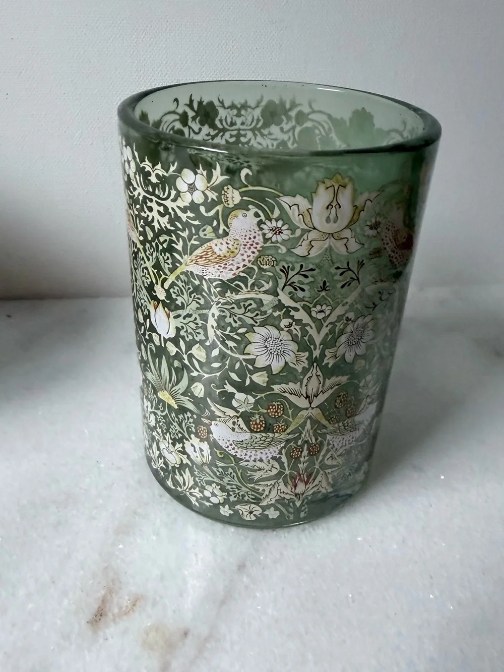 Decorative Green Glass Tumbler with Floral & Bird Motif strawberry thief design
